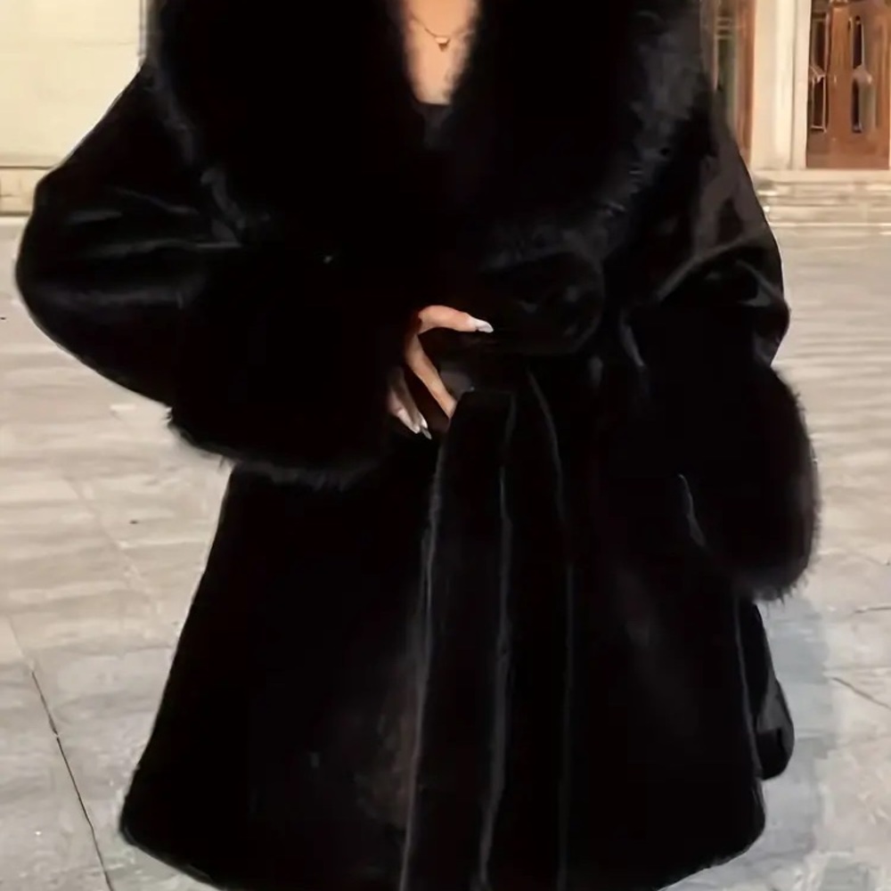 Elegant, belted, faux fur jacket.